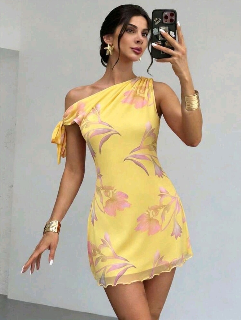 Firerie Floral Print Asymmetrical Shoulder Mesh Mini Dress